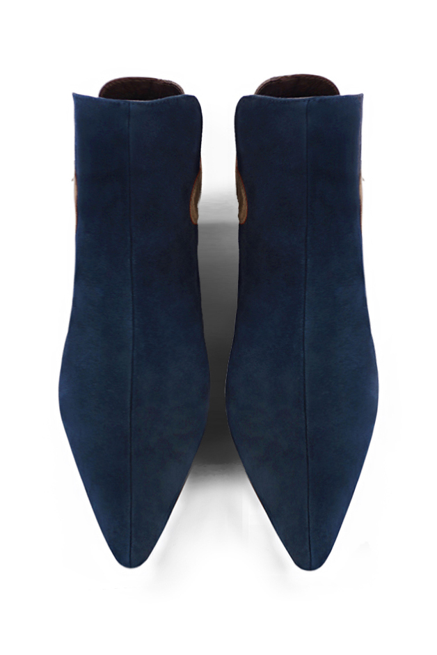 Navy blue, bronze gold and dark brown women's ankle boots with buckles at the back. Tapered toe. High slim heel. Top view - Florence KOOIJMAN